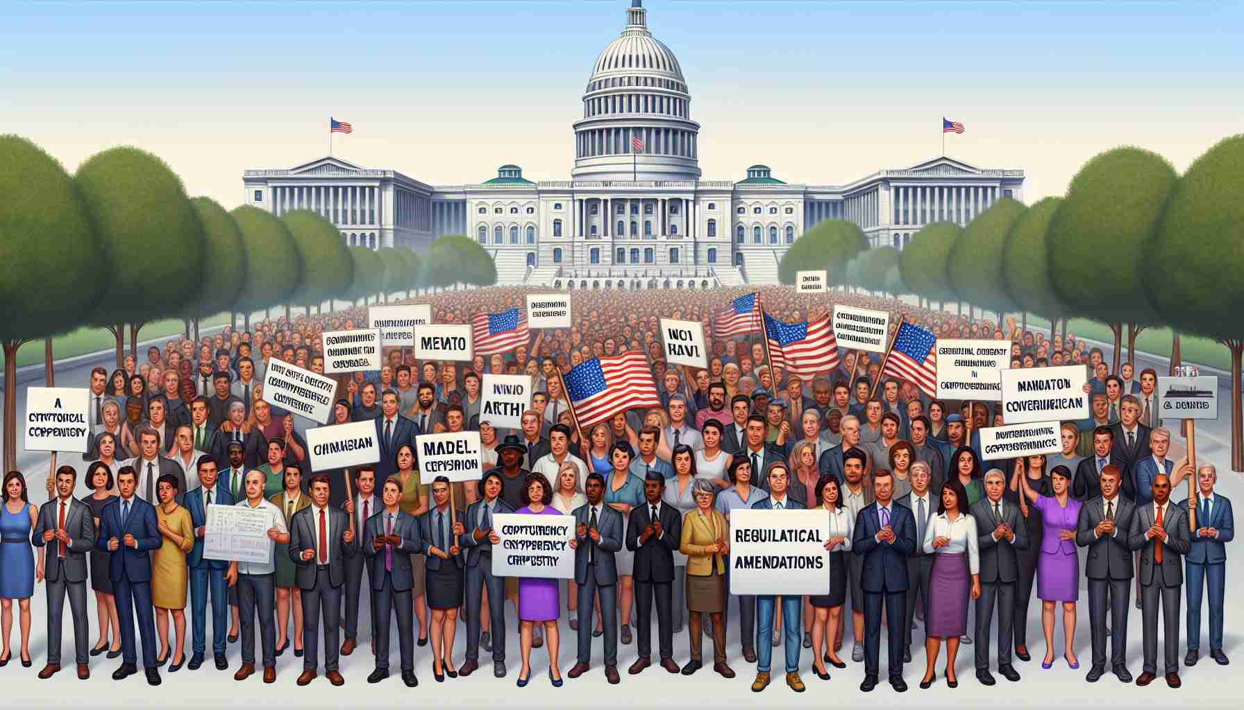 A detailed, high definition image illustrating the push for regulatory change in the cryptocurrency industry. Depict a large crowd of diverse individuals representing race, gender and age equalities - Caucasian, Asian, Black, Hispanic, Middle-Eastern, and Native American, both male and female. They are holding placards and banners championing the cause for regulatory amendments in cryptocurrency law. A few indistinguishable government buildings are in the backdrop, representing the authorities. Create this image in a realistic style.