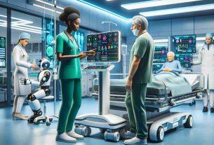 A high-definition realistic image showcasing advancements in healthcare efficiency. The scene features a brightly lit modern hospital room filled with state-of-the-art medical equipment. A Black female doctor in green scrubs is seen interacting with a touch screen displaying colorful medical data. Meanwhile, a Middle-Eastern male nurse is attending to a Caucasian elderly patient, efficiently doing check-ups with a handheld digital device. A robot assistant carrying medical supplies is also visible in the background, among other signs of modern healthcare technology.