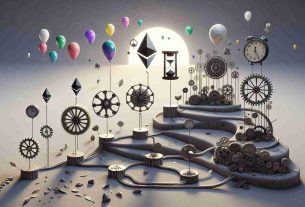 A high-definition, realistic representation of the evolution of Ethereum, depicted as a narrative journey. It could start from a basic concept, illustrated as a simple cog or machine, and progressively evolve into a complex network branching out into many directions. Intertwined with these images, represent metaphorically the missed expectations, maybe as deflated balloons or falling leaves. Incorporate symbols of time, such as clocks or hourglasses, to underscore the temporal aspect of Ethereum's evolution.