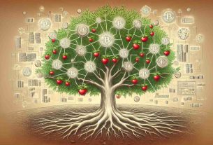 Illustration of the concept of the Revolutionary Growth of Decentralized Exchanges. The image should depict a flourishing tree, with each branch symbolizing a different decentralized exchange. The tree would be planted in a soil symbolizing the sketch of a distributed ledger or blockchain. The tree should be laden with fruits symbolizing successful transactions, growing in size from the trunk to the tip of the tree which represents the growth over time. Please ensure it's a realistic image with high-definition quality.