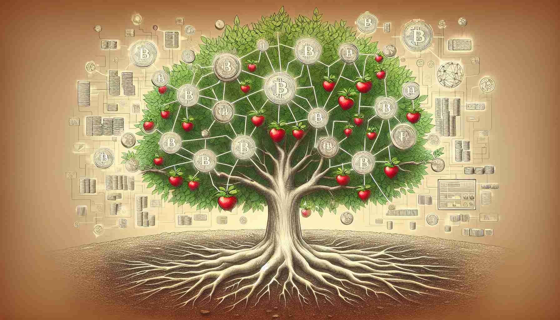 Illustration of the concept of the Revolutionary Growth of Decentralized Exchanges. The image should depict a flourishing tree, with each branch symbolizing a different decentralized exchange. The tree would be planted in a soil symbolizing the sketch of a distributed ledger or blockchain. The tree should be laden with fruits symbolizing successful transactions, growing in size from the trunk to the tip of the tree which represents the growth over time. Please ensure it's a realistic image with high-definition quality.