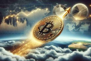 A highly detailed image that depicts Bitcoin reaching new heights against the backdrop of global economic anticipation. The main focus is a sleek, golden Bitcoin coin that's soaring upwards in a dynamic manner. It pierces through a layer of fluffy clouds, signifying its tremendous rise. The coin leaves behind a trail of sparkling stardust, indicating its high speed. In the background, an abstract representation of the world's economy is present, hinting at the interconnection between Bitcoin’s surge and global economies. This could be an array of line graphs, pie charts, and world maps in muted tones, suggesting a sense of apprehension and expectation.