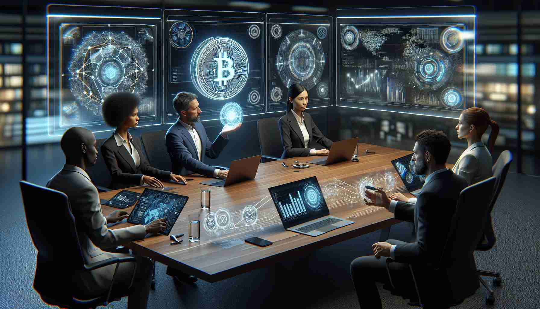 A realistic, high-definition image depicting a conference room scenario focused on exploring the future of cryptocurrency. There are five key experts present. On one side, an African woman, computer scientist, and a Caucasian man, financial analyst, firmly hold a holographic crypto coin. On the other side of the table, a Black man, economist, and a Middle-Eastern woman, blockchain developer, are focused on data and charts on their digital screens. In the center of the table, a futuristic 3D model of a blockchain network adds substance to their discussion. The room illustrates a sophisticated atmosphere with modern technology tools.