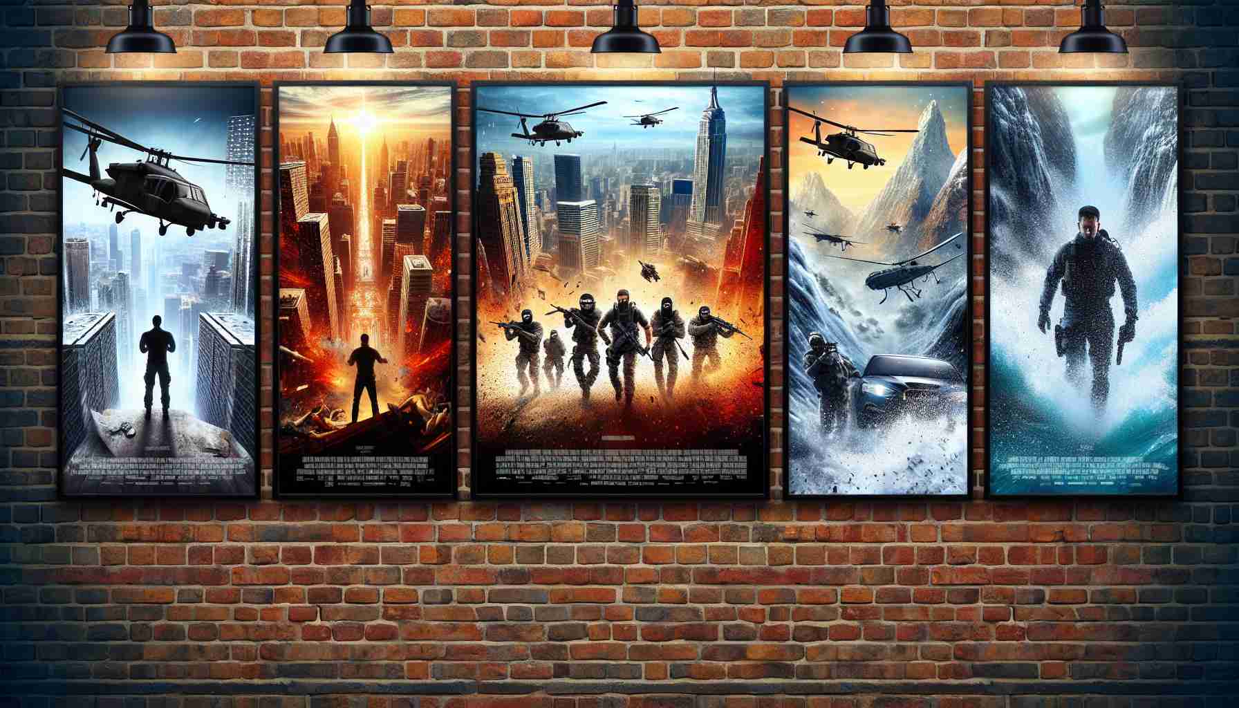 Create a vivid, high-definition image of five movie theater posters hanging side by side on a brick wall. Each poster represents a thrilling action movie. From left to right, the first poster features an urban setting during night time, under siege with high tech stealth helicopters; the second poster shows an explosive car chase through a sun-drenched desert; the third displays a gritty hand-to-hand combat scene atop a snow-capped mountain; the fourth exhibits a dramatic stand-off between rival spies in the middle of a bustling city; and finally, the fifth charts an intense underwater escape from a sinking submarine.