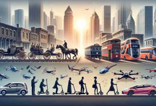 Illustrate the evolution of urban mobility in a high definition and realistic style. The image should start with older forms of transportation like horse-drawn carriages and trains, evolving towards modern solutions like cars, buses and trams. Then, depict the latest innovations like e-scooters, self-driving cars, and drones. Make sure each era of transportation is clearly separated but smoothly transitioning to the next. The city in the background should also evolve, from old stone buildings to glass and steel skyscrapers, reflecting the technological progress. Additionally, show diverse individuals using these various modes of transport.