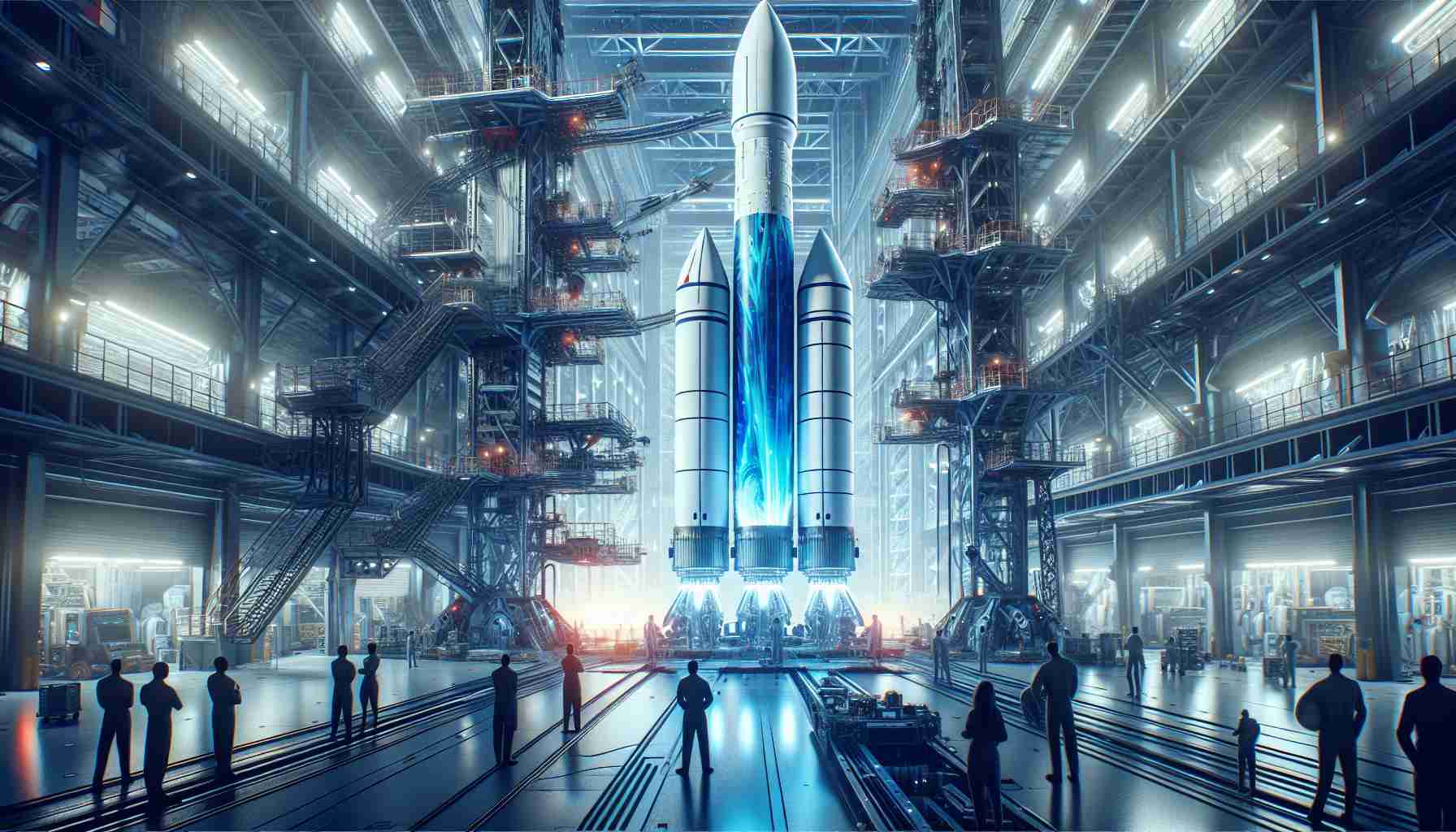 Generate a high definition image depicting an innovative scene of rocket stage handling. It should be set in a modern spaceport with robotic machinery precisely maneuvering the different stages of a space rocket. The majestic rocket is white with vibrant streaks of blue. The background is filled with complex machinery and high-tech equipment. Engineers of both genders and all races are seen in the setting, showcasing a blend of manual and automated processes in assembling the rocket, hailing from Hispanic, Caucasian, Black, Middle-Eastern, White and South Asian descents.