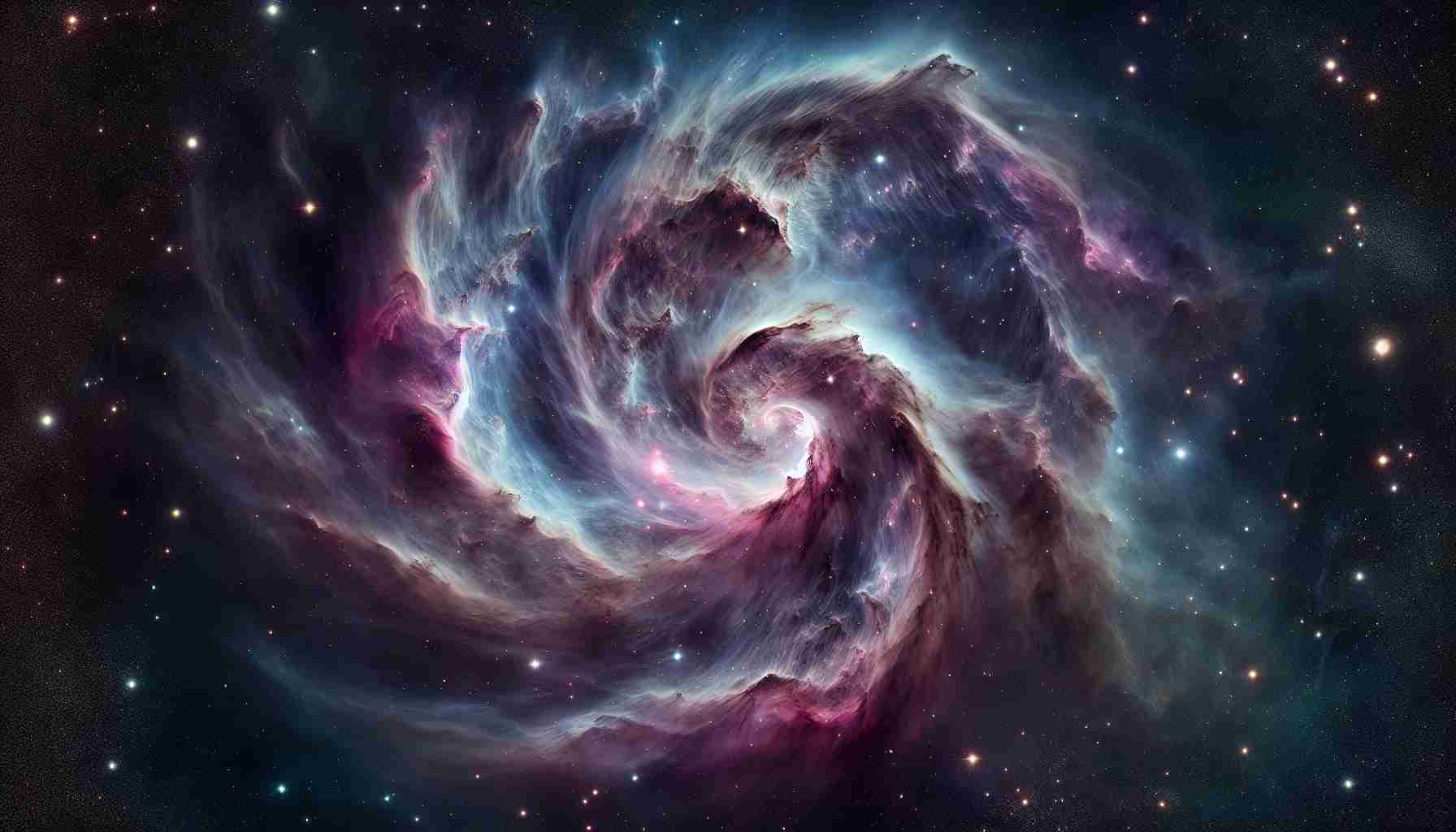 A high-definition, realistic image of a nebula in space. This particular nebula is enigmatic with features resembling a vortex, with swirling clouds of dust and gases in shades of purple, blue and pink, lit up by the stars within and around it. It stands out against the backdrop of darkness, with countless other stars twinkling in the distance. The nebula's spiraling patterns create a sense of mystery and awe and the photo captures the grand scale and mesmerizing beauty of the cosmos.