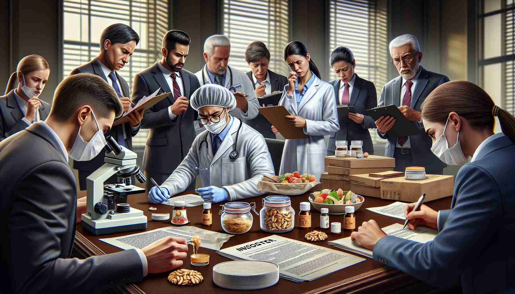 Detailed and realistic image representing an investigation being launched into a nationwide food safety scare. The scene should include multiple representatives from different professional backgrounds gathered around a table filled with documents and small food samples. These representatives might include a Caucasian male scientist examining some of the food under a microscope, a South Asian female lawyer examining legal documents, a Hispanic male public health official speaking on a phone, and a Middle-Eastern female journalist jotting down notes. An emphasis on worry and urgency in their expressions and movements should hint at the seriousness of the situation.