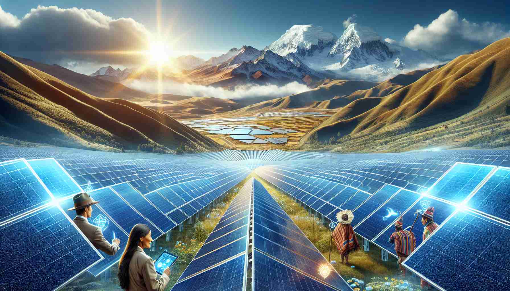 A high-definition, hyper-realistic image representing Bolivia's embrace of renewable energy sources. Picture a vast solar farm, with row after row of blue-tinted solar panels reflecting the radiant sunlight. The Andean landscape serves as a backdrop, with its snow-capped mountains and deep green valleys. Local Bolivian individuals, including a Hispanic woman engineer surveying the scene with a tablet in hand, and an indigenous man in traditional attire observing the progress of his homeland, populate this image, resembling the multicultural society of the country.