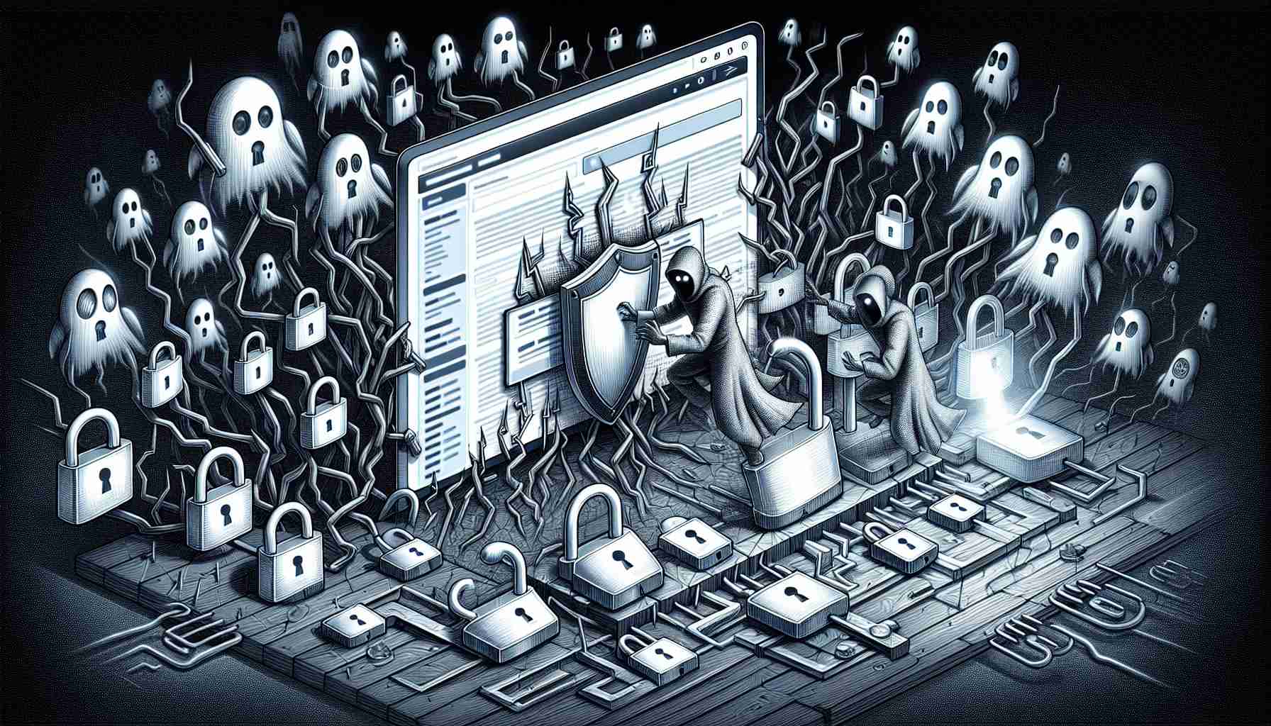 A high definition, detailed illustration depicting the concept of 'The Importance of Securing Your Website Plugins'. Consider visual elements such as a website interface riddled with padlocks and shields to symbolize security, and possibly ghost-like figures attempting to breach the security to represent unwanted invasions. The details should emphasize the importance of security for the plugins, with the metaphorical elements helping to create a narrative around the concept.