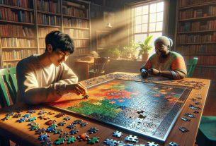 A high-definition, realistic image depicting the joy of solving puzzles. In this scene, there are several vibrant, intricate puzzles laid out on a large wooden table. A person of South Asian descent sits at the table, their face glowing with triumph as they fit a puzzle piece into its perfect spot. Nearby, a Black woman watches with a grin, holding another piece ready. Sunlight streams through a window, casting a golden glow over the scene. The room also highlights a comforting setting with book-filled shelves and indoor plants, embodying a cozy ambiance which amplifies the pleasure of the puzzle-solving activity.