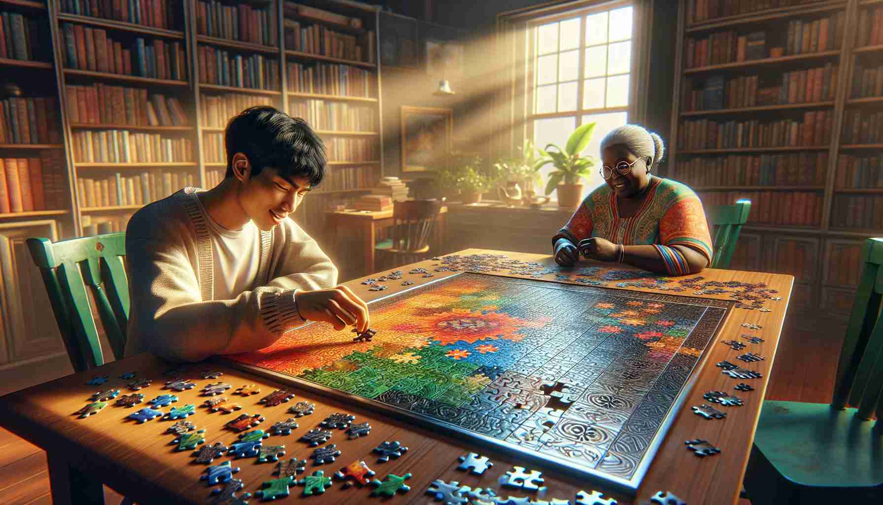 A high-definition, realistic image depicting the joy of solving puzzles. In this scene, there are several vibrant, intricate puzzles laid out on a large wooden table. A person of South Asian descent sits at the table, their face glowing with triumph as they fit a puzzle piece into its perfect spot. Nearby, a Black woman watches with a grin, holding another piece ready. Sunlight streams through a window, casting a golden glow over the scene. The room also highlights a comforting setting with book-filled shelves and indoor plants, embodying a cozy ambiance which amplifies the pleasure of the puzzle-solving activity.