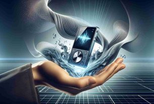 Depiction of a revolutionary new-age portable music device showcasing high fidelity sound. The device is sleek and compact, perfectly fitting in the palm of a hand. It has user-friendly interface with smooth operating system visible on the high-resolution screen. The design expresses innovation and progression in technology. The background subtly presents waves of dynamic sound symbolizing the high fidelity audio. The whole scenery is captured in high-definition, with great attention to detail, evocating the feeling of revolutionizing the portable music industry.