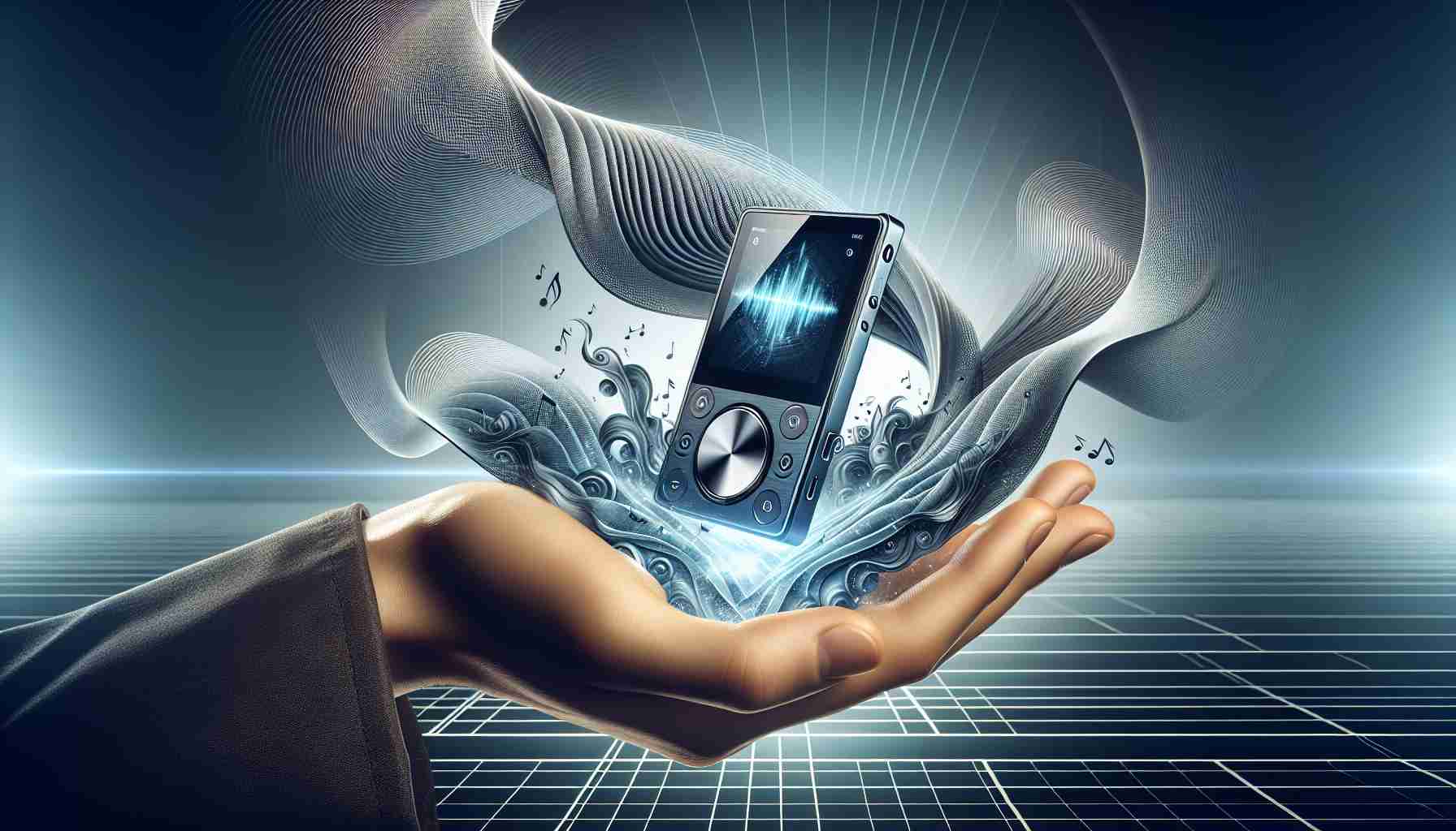 Depiction of a revolutionary new-age portable music device showcasing high fidelity sound. The device is sleek and compact, perfectly fitting in the palm of a hand. It has user-friendly interface with smooth operating system visible on the high-resolution screen. The design expresses innovation and progression in technology. The background subtly presents waves of dynamic sound symbolizing the high fidelity audio. The whole scenery is captured in high-definition, with great attention to detail, evocating the feeling of revolutionizing the portable music industry.