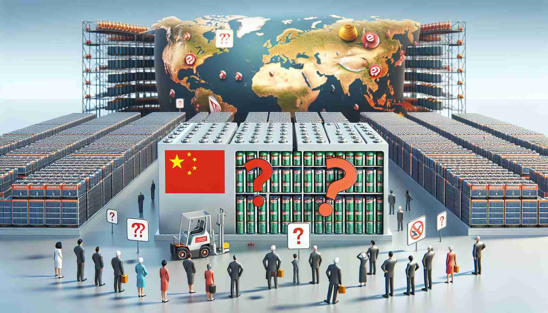 Create a realistic, high-definition image depicting the idea of growing worries regarding the dominance of Chinese batteries in the US energy storage industry. The scene should include a large scale energy storage unit filled with batteries, a world map with China and the USA highlighted, and symbols of concern like worried expressions, furrowed brows, and question marks. The batteries should have a label to suggest they are made in China, but it should not target any specific company or person. The characters in the scene should include people of various descents and genders, reflecting the diversity of stakeholders in the industry.