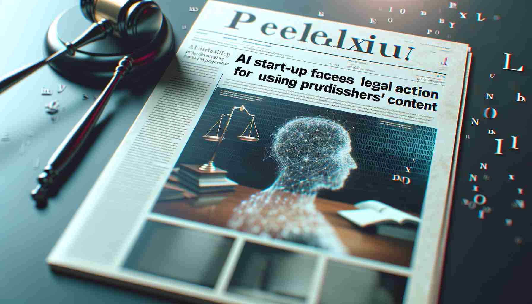 A realistic, high-definition image showing the front page of a digital newspaper. The headline reads, 'AI Start-up Perplexity Faces Legal Action for Using Publishers’ Content'. The article is followed by a general body of text blurring into the background. There should be a photo of court documents or a generic legal symbol, like a gavel or the scale of justice. Also include a simple logo representing the AI start-up Perplexity. The style should be contemporary, representing the digital age.