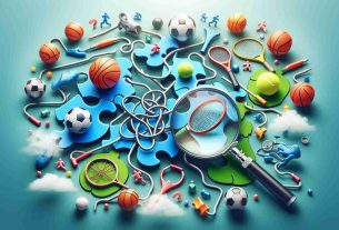 Create a realistic HD image that represents the concept of unravelling the mystery of sporting connections. This could show a variety of different sports equipment linked together like a puzzle, perhaps with some links yet to be connected, illustrating the mystery. The sports represented may span soccer, basketball, tennis, and cycling. Also include a magnifying glass implying the active process of unraveling this mystery.