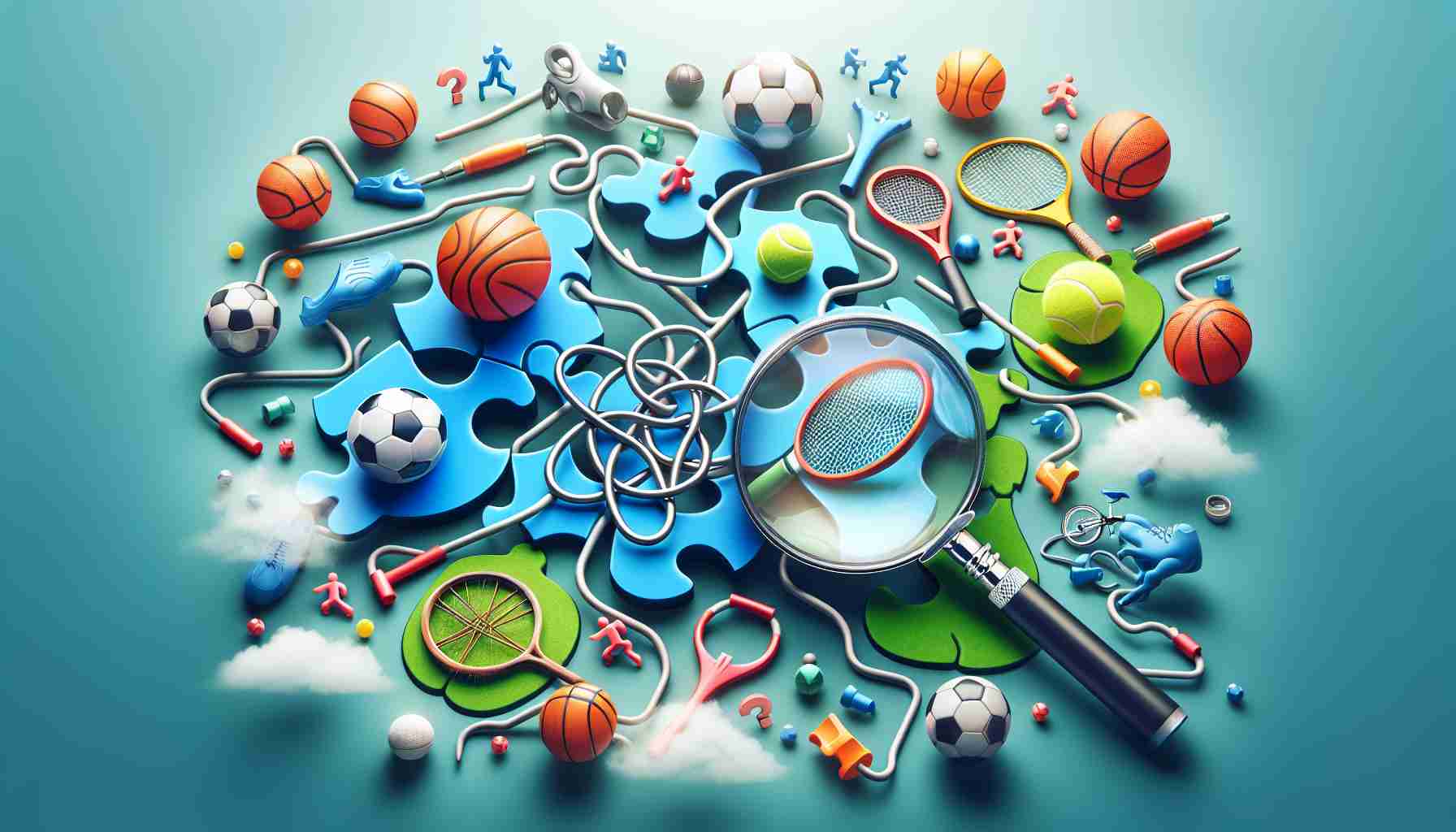 Create a realistic HD image that represents the concept of unravelling the mystery of sporting connections. This could show a variety of different sports equipment linked together like a puzzle, perhaps with some links yet to be connected, illustrating the mystery. The sports represented may span soccer, basketball, tennis, and cycling. Also include a magnifying glass implying the active process of unraveling this mystery.