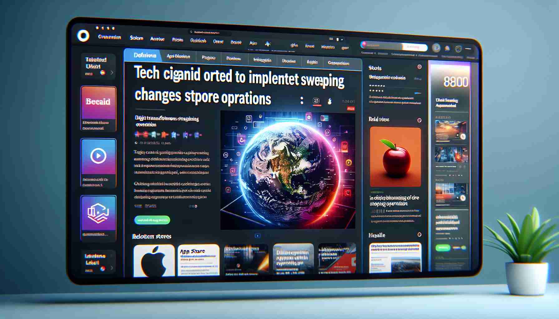 Realistic high-definition image of a screen displaying an online news article. The headline reads 'Tech Giant Ordered to Implement Sweeping Changes to App Store Operations'. The page also includes sections with related stories, ad banners, and a navigational sidebar. The article is enriched with relevant stock images depicting digital transformations and strategic operational changes.