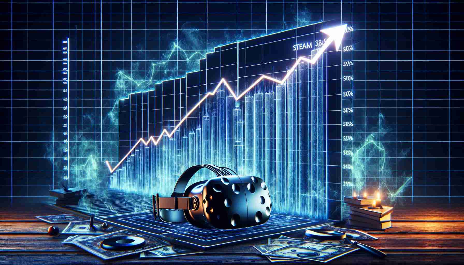 Create a detailed and high-resolution image of a fictional chart display showcasing the climb of a hypothetical virtual reality headset titled 'PSVR 2' in popularity, with its rank shown rising on a platform named 'Steam'. The chart should be dynamic and visually appealing with numbers and lines indicating the rising status, giving a sense of its success and popularity in the virtual reality market. Place the title 'PSVR 2 Climbs the Charts on Steam' prominently at the top of the image.