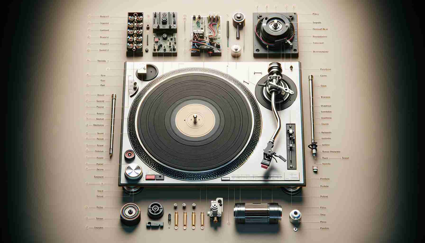 Generate a photo-realistic, high-definition image displaying the key components of a vinyl turntable. This includes the platter, the stylus, the tonearm, the cartridge, the plinth, and the motor. The turntable should be unmounted so that each component is clearly visible. Aim for a neat layout optimized for an educational view. The background should be neutral, possibly a light color, to ensure all components stand out clearly. Each component should be labelled for identification purposes.