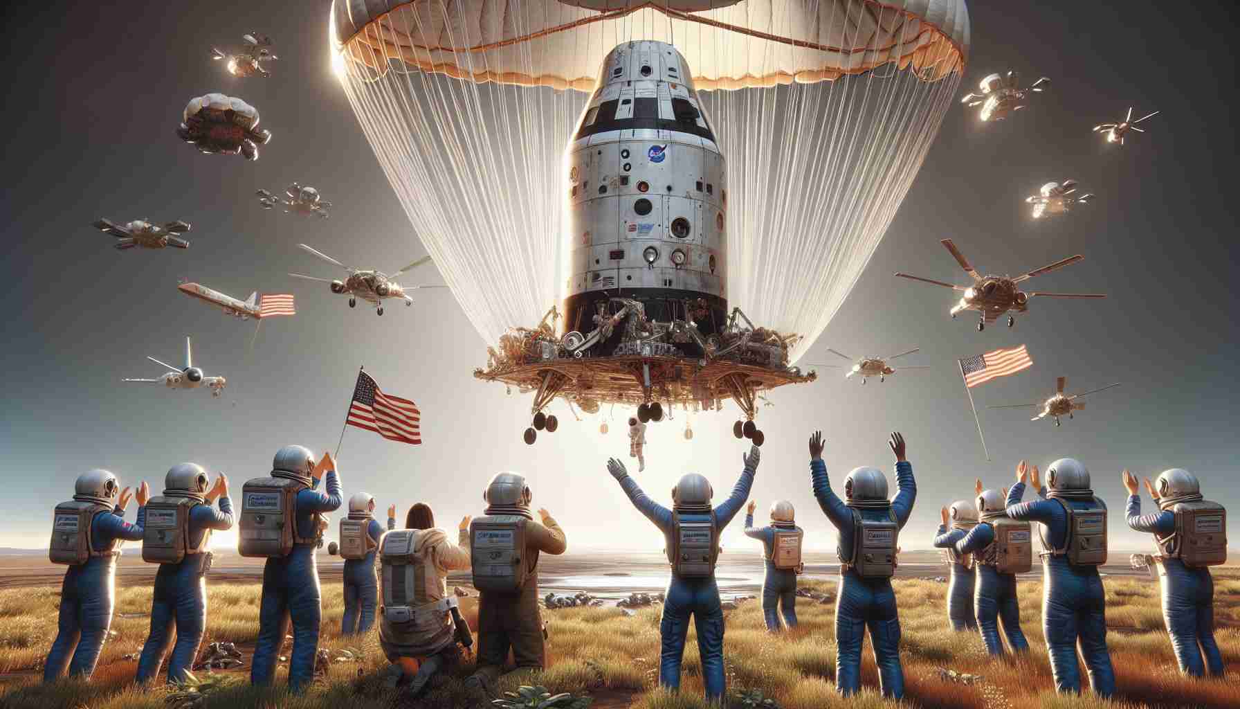 Highly detailed and realistic image of a successful return from space by the Crew-8 mission. Show the spacecraft making a remarkable landing back on Earth with parachutes engaging flawlessly. The ground crew, composed of a diverse group including a Middle Eastern woman and a Hispanic man, are eagerly awaiting to welcome the personnelback from their mission. The scene is awash with relieved joy and a sense of accomplishment, as the triumph of these astronauts signifies another impressive feat for space exploration.