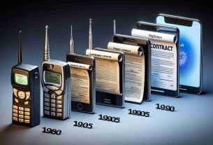 A high-definition, realistic illustration presenting the evolution of mobile phone contracts. The visual progression should start from the left, showing an early mobile phone circa 1980s-1990s with rudimentary paper contracts. Move towards modern times, highlighting the transition to more sophisticated mobile devices and complex contracts along with the digitization of contracts, shown with a contemporary smartphone displaying a digital contract.