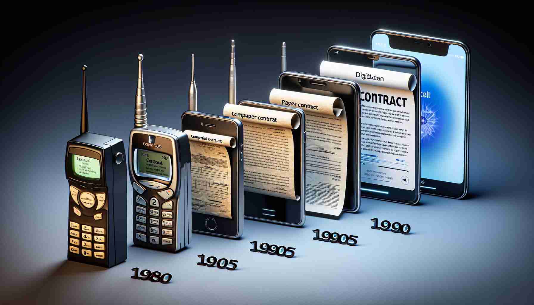 A high-definition, realistic illustration presenting the evolution of mobile phone contracts. The visual progression should start from the left, showing an early mobile phone circa 1980s-1990s with rudimentary paper contracts. Move towards modern times, highlighting the transition to more sophisticated mobile devices and complex contracts along with the digitization of contracts, shown with a contemporary smartphone displaying a digital contract.