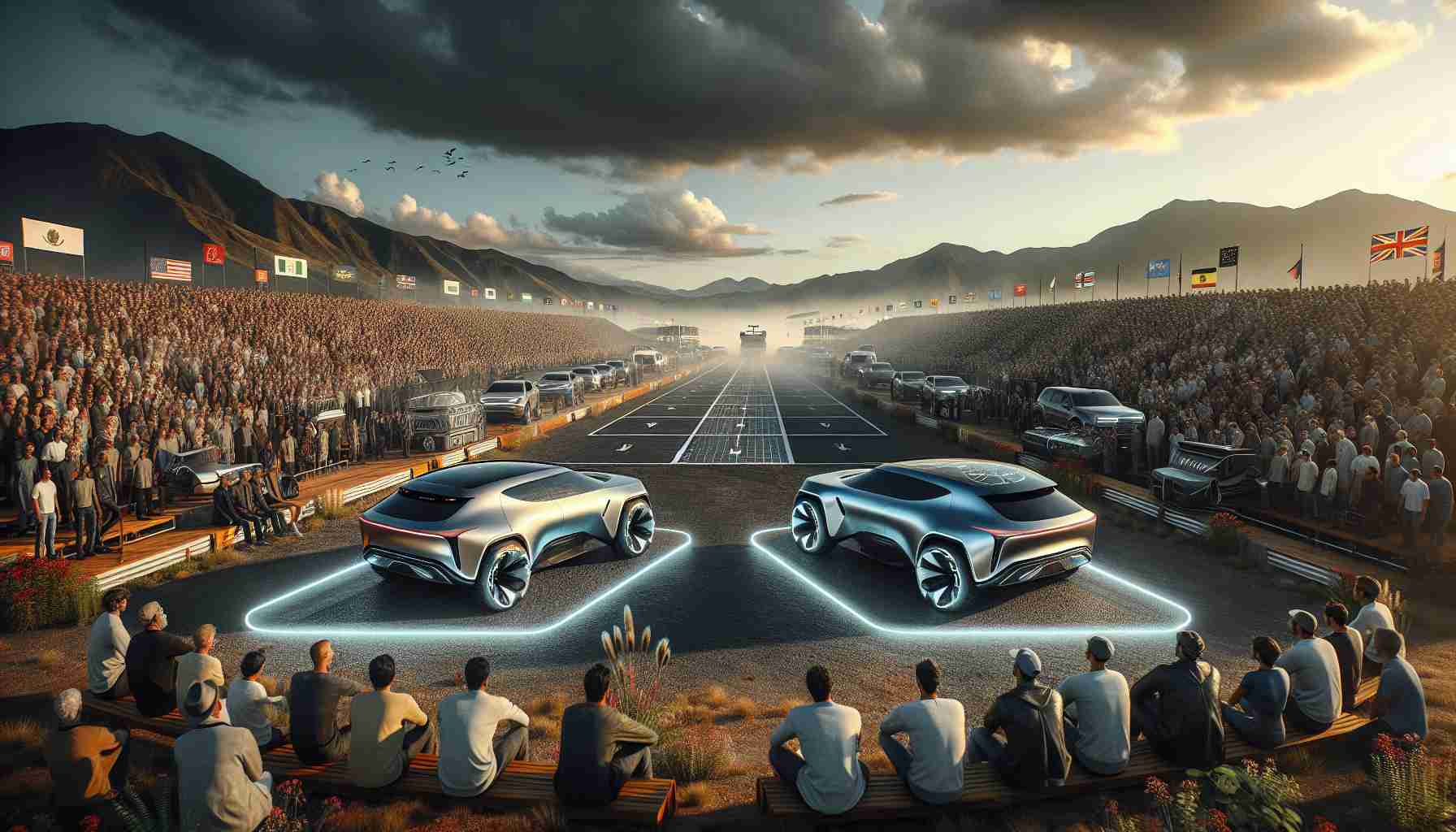 A highly detailed and realistic scene from the future, specifically the year 2025: a showdown of sports utility vehicles (SUVs). The landscape is an open-air car showcasing event under an expansive sky. The forefront features two futuristic, sleek, state-of-the-art SUVs facing off in a contrast of style and design. The SUVs have distinctive features associated with future tech, such as autonomous driving sensors, electric charging ports, solar panels, and advanced aerodynamics. The background is filled with crowds of diverse spectators eagerly watching the proceeding, men and women of various descents such as Caucasian, African, Asian, Hispanic, and Middle-Eastern. The overall atmosphere is one of excitement and anticipation.