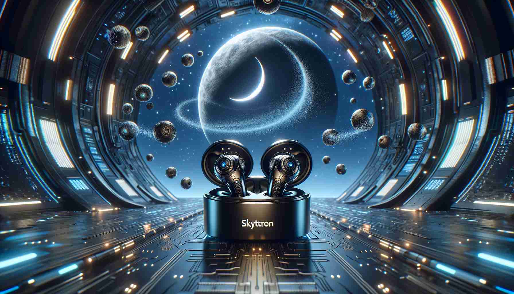 Create a hyperrealistic, high-definition image of a scene that represents a 'Space-Age Sound Experience'. In the center, depict a pair of advanced, futuristic, ultra-modern earphones, labeled as 'Skytron BuzzBuds'. As you capture this, focus on illustrating the immersive audio technology implied by the name, perhaps through visible waves of sound, crescent moons, stars, and a hi-tech backdrop that calls to mind the aesthetics of space exploration and science fiction.