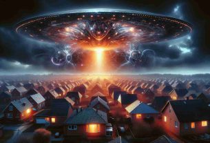 A hyper-realistic, full HD picture depicting a dramatic and larger-than-life scene set in a typical suburban neighborhood. The central focus of the scene is the arrival of extraterrestrial forces. Their spacecraft, a massive disc-shaped mothership, hovers ominously in the sky above monotonous rooftops. The alien craft illuminates the dusk sky with radiant and unearthly hues, casting long, eerie shadows on the landscape below. Fractal-like patterns and chaotic shapes of unknown machinery or possible extraterrestrial life forms can be seen in the underbelly of the spacecraft, subtly revealed in the artificial light escaping from within. The residents, depicted as a mix of various desents and genders, react with a spectrum of emotions, from shock to awe.