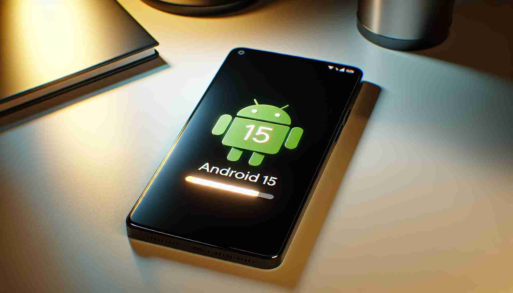 A high-definition, realistic image of a modern smartphone revealing an unexpected early update to the Android 15 operating system. The screen of the phone prominently displays the Android 15 logo along with a progress bar indicating the update process. The device is rested on a minimalistic desk with warm lighting reflecting off its screen.