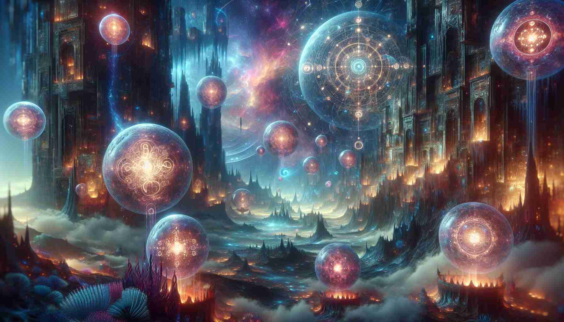 A high-definition and realistic image of a mystical realm revealing its secrets. This realm is filled with otherworldly structures and fantastic flora, under a sky awash with cosmic colors. Floating spheres of energy hover, each sphere unveiling an enigmatic secret of the universe, seen as radiant symbols and glyphs pulsating from within. These secrets exude an intense glowing aura that gives an ethereal illumination to the surrounding environment, creating an eerily beautiful spectacle. The atmosphere is saturated with mystery, making this a captivating exploration into the unknown.