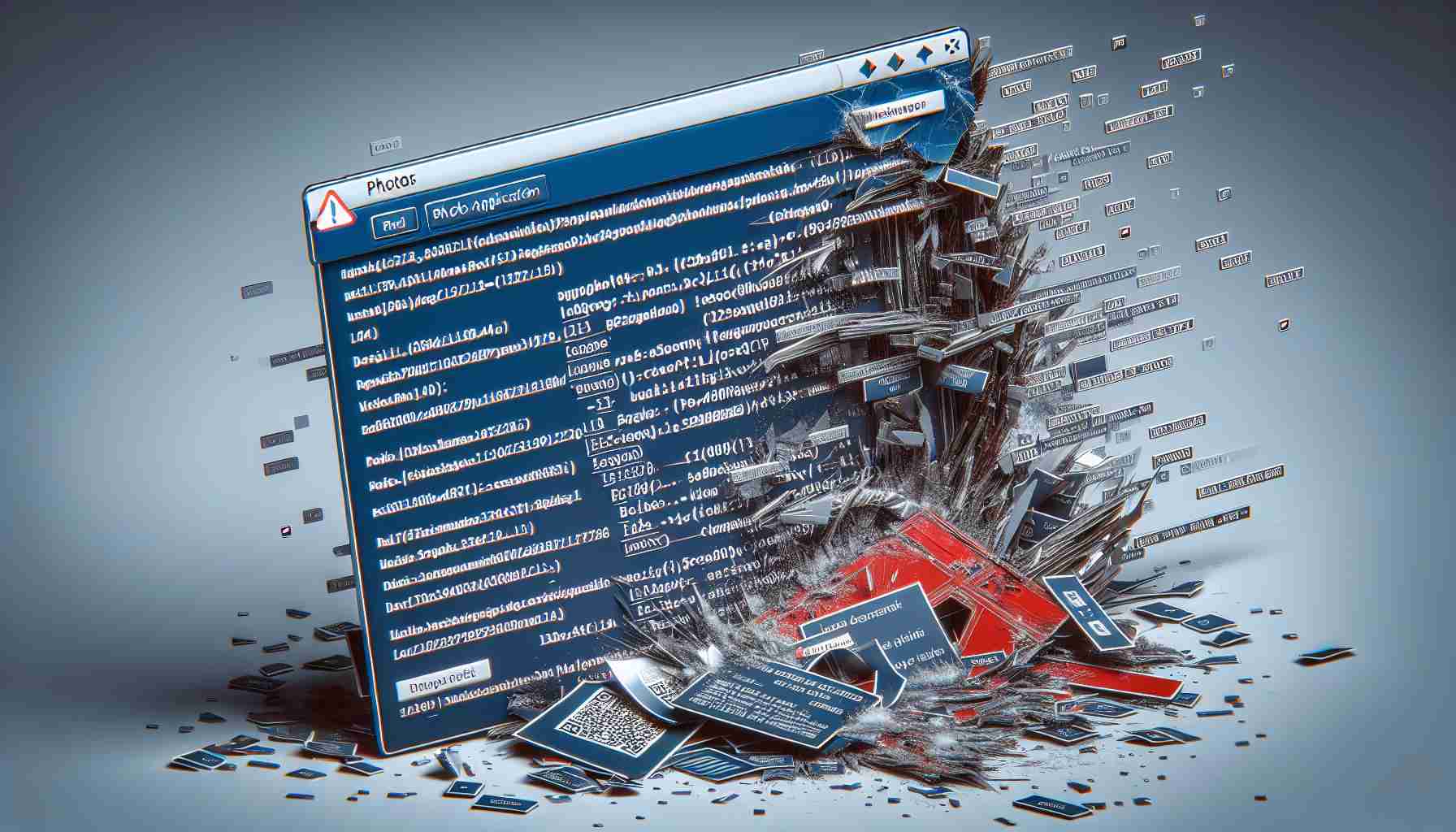 A high-definition, realistic image of a software crash report related to a photo application. The crash report should be detailed, showing various codes and error messages, indicative of an application-level software crash. It should be made evident that the crash has occurred within the domain of a photos application, dealing with image processing or digital photo management.