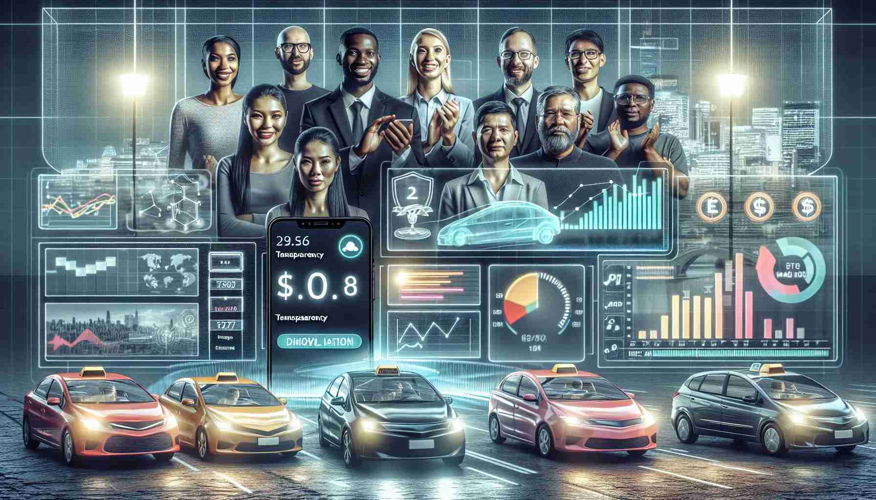 Realistic high-definition image depicting the concept of increased transparency in the gig economy. Show a hypothetical ride-sharing app interface displaying transparent earnings information, with figures and statistics easily accessible to the user. Meanwhile, a gender-diverse and ethnically diverse group of professional drivers react positively to the improvements, illustrated by their visible expressions on the interface of their digital devices.