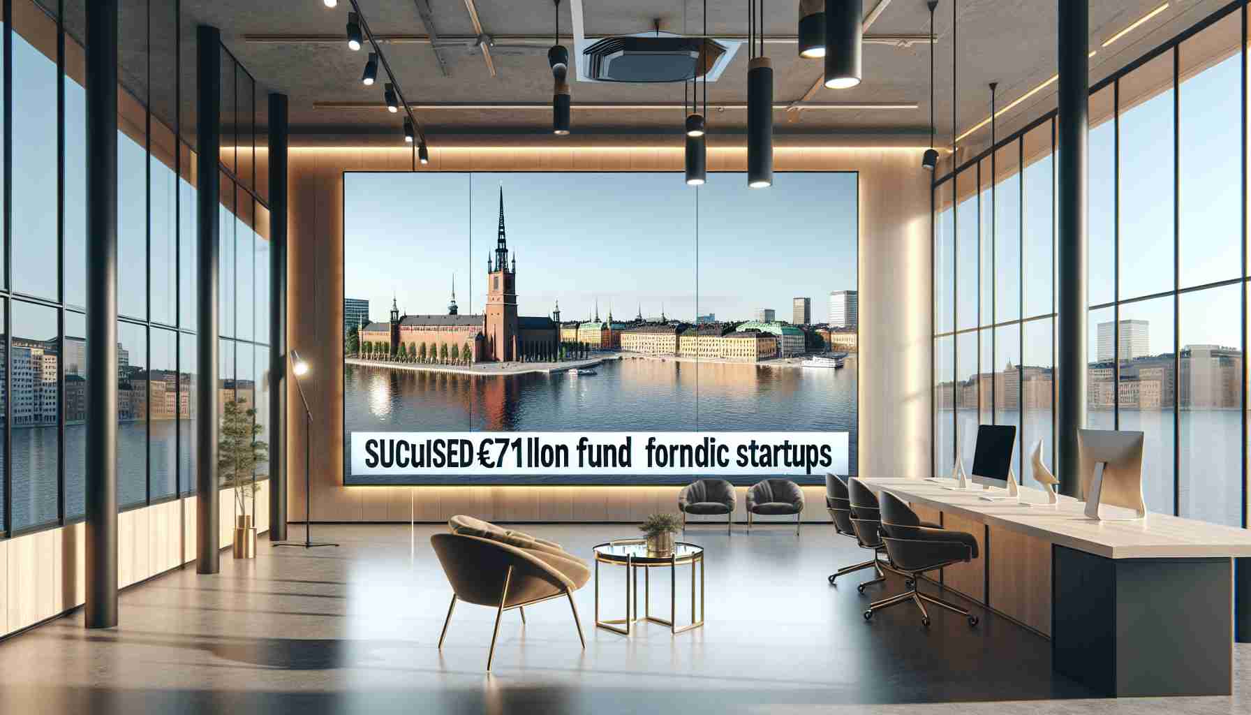 Capture a high-definition, realistic image of a venture capital firm, located in Stockholm, with a digital screen behind showcasing a news headline 'Secured €71million Fund for Nordic Startups'. The office should be modern with elements of Swedish design such as light wood furniture, minimalistic décor, and large glass windows providing a stunning view of Stockholm's cityscape.