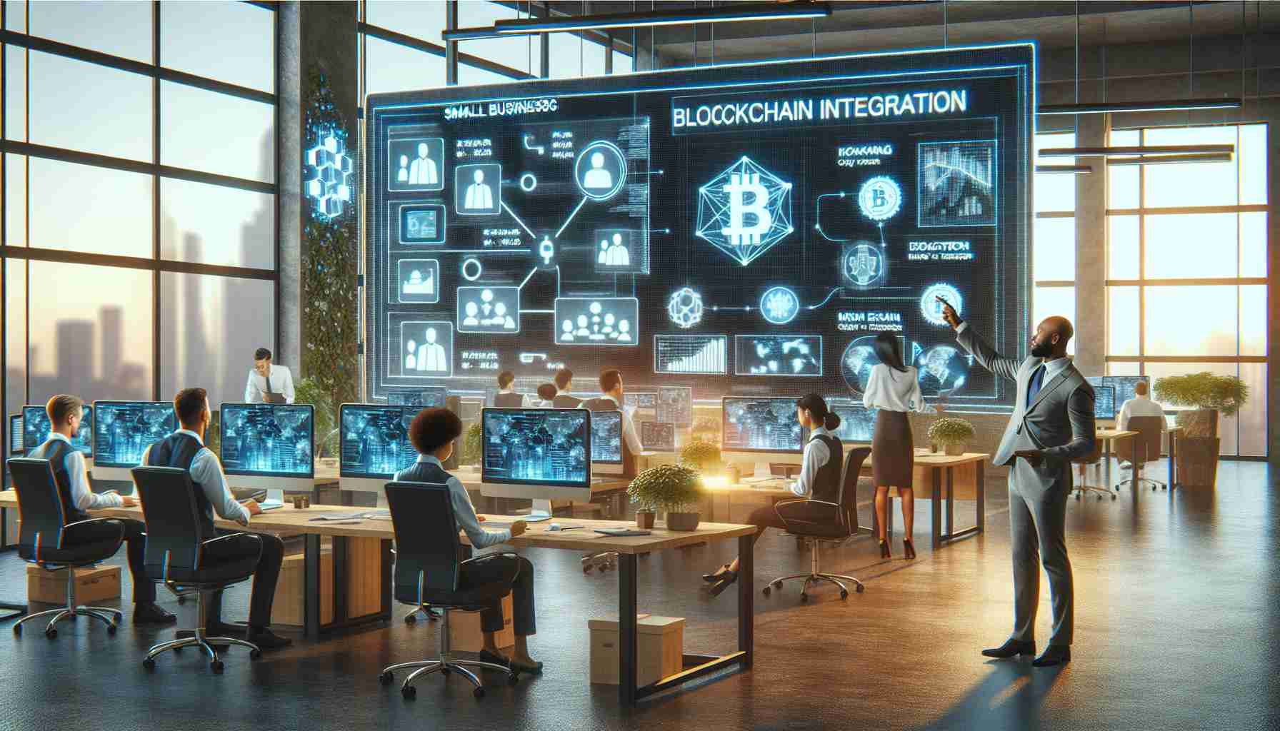 Generate a high-definition, realistic image that depicts the future of blockchain integration for small businesses. The scene should show a small business office illustrating blockchain operations: workers of various descents such as Hispanic, Caucasian, and Middle Eastern at workstations with digital screens displaying blockchain data and graphs. An African or South Asian business leader is pointing at an interactive board showing the flow and security of digital transactions. There is a sense of collaboration, growth, and technical advancement in the air.