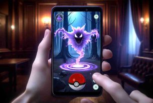 A high-definition, realistic depiction of an exciting capture in a popular augmented reality mobile game involving mythical creatures. A user is at the verge of catching a spectral, purple phantom-like creature surrounded by a mysterious aura in a dimly lit environment. The screen displays a pokeball at the ready to make the capture, eliciting a sense of suspense and excitement.