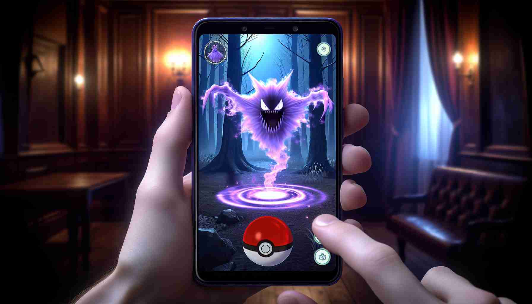 A high-definition, realistic depiction of an exciting capture in a popular augmented reality mobile game involving mythical creatures. A user is at the verge of catching a spectral, purple phantom-like creature surrounded by a mysterious aura in a dimly lit environment. The screen displays a pokeball at the ready to make the capture, eliciting a sense of suspense and excitement.