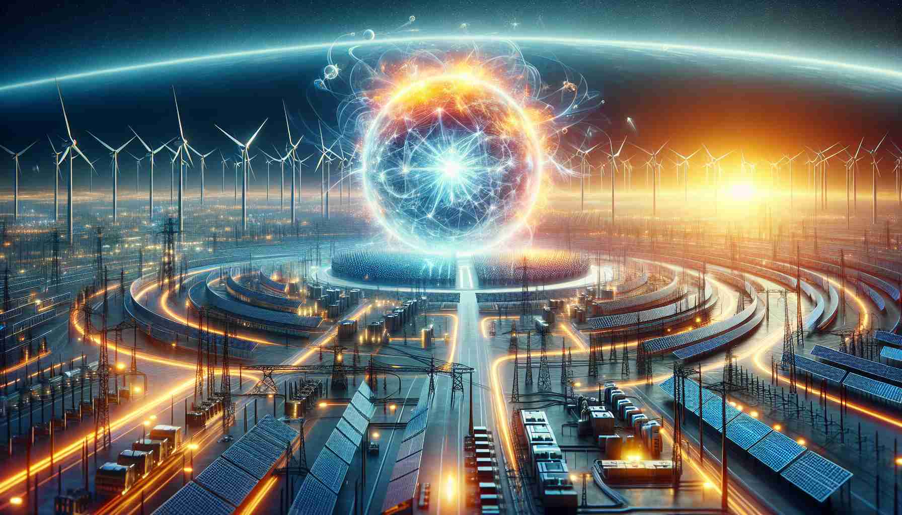 A vivid and realistic high-definition visualization of a future scenario where clean energy has been revolutionized. Imagine an intricate infrastructure of renewable energy sources such as solar power farms, hydroelectric power plants, and wind turbine fields being interconnected. At the pinnacle of this scene emphasizes the technology of Marvel Fusion, a giant sphere glowing with immense energy, symbolizing technological prowess. This artwork exudes a sense of optimism, characterizing a bright future where energy sustainability has been achieved and climate goals have been met.