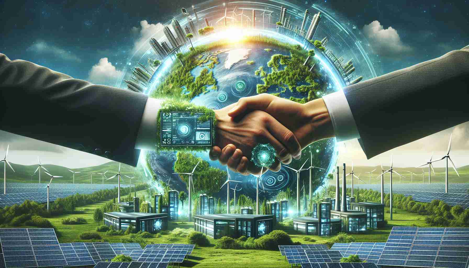 A high-definition image depicting the future of energy revolution. A partnership symbolized by hands shaking, is set against a backdrop of a globe, covered in greenery, signifying sustainable power. Solar panels and wind turbines dot the green landscapes, while futuristic energy-efficient buildings peek from behind. The emphasis is on technology and environmentally-friendly solutions with digital screens displaying energy consumption and renewable resources statistics. Please note the lack of any brand or company logos.