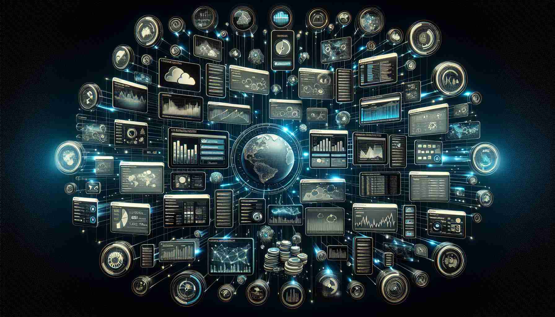 Realistic high-definition image representing the exploration of various hosting plans and services, visualized as a collection of floating digital screens, each showcasing a different feature or package related to web hosting. Each screen displays interactive graphs, charts, or diagrams detailing different service details, such as server speed, bandwidth, storage capacity, and pricing tiers. All encircled by intricate patterns of glowing data streams symbolizing the internet in the vast expanse of virtual space.