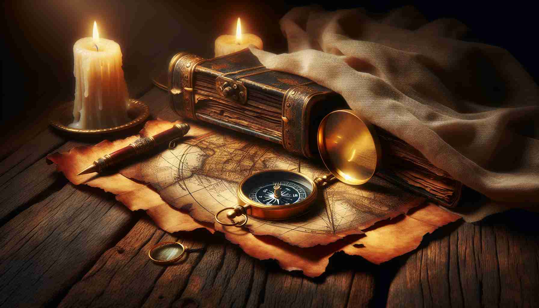 A high definition, realistic style image depicting a scene of hidden secrets being uncovered. This could take the form of an old, weathered map draped over a wooden table, with a golden compass and an antique magnifying glass laying atop it, revealing the way to an unseen treasure. Candlelight flickers in the background, casting shadows that enhance the atmosphere of mystery and discovery.