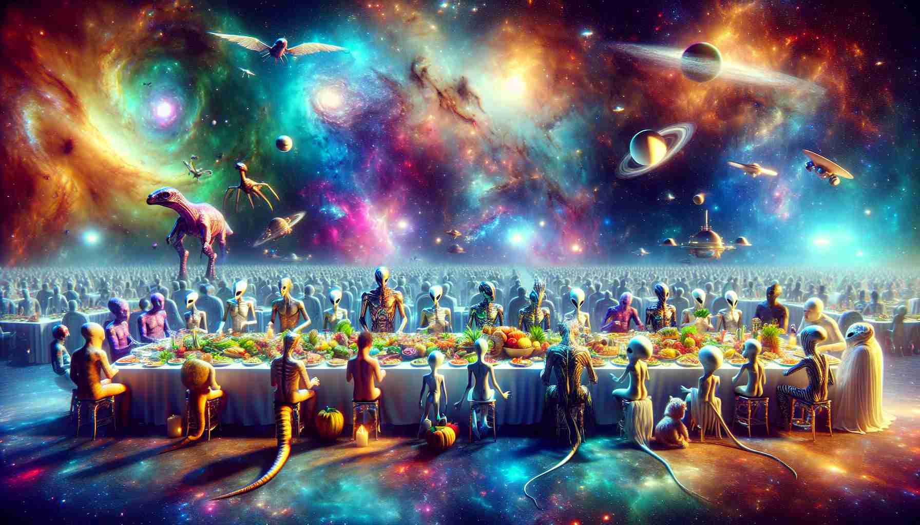 Generate a high-definition, realistic image of a grand intergalactic feast: A cosmic celebration set against the backdrop of the unfathomable depths of space. Visualize a long table filled with all sorts of alien delicacies, surrounded by various extraterrestrial beings of different shapes, sizes, and colors. They are all celebrating, talking, laughing, and enjoying the feast. In the celestial sky, there are bright, colourful nebulas, stars and galaxies, providing a surreal and enchanting ambience, illuminating the feast and casting long shadows.