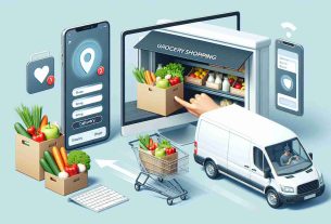 Generate a high-definition, realistic image illustrating the transformation of the grocery shopping experience due to online delivery services. The image should include details such as a smartphone or a computer displaying a grocery shopping app, a delivery van, and groceries in packages arriving at a consumer's doorstep.