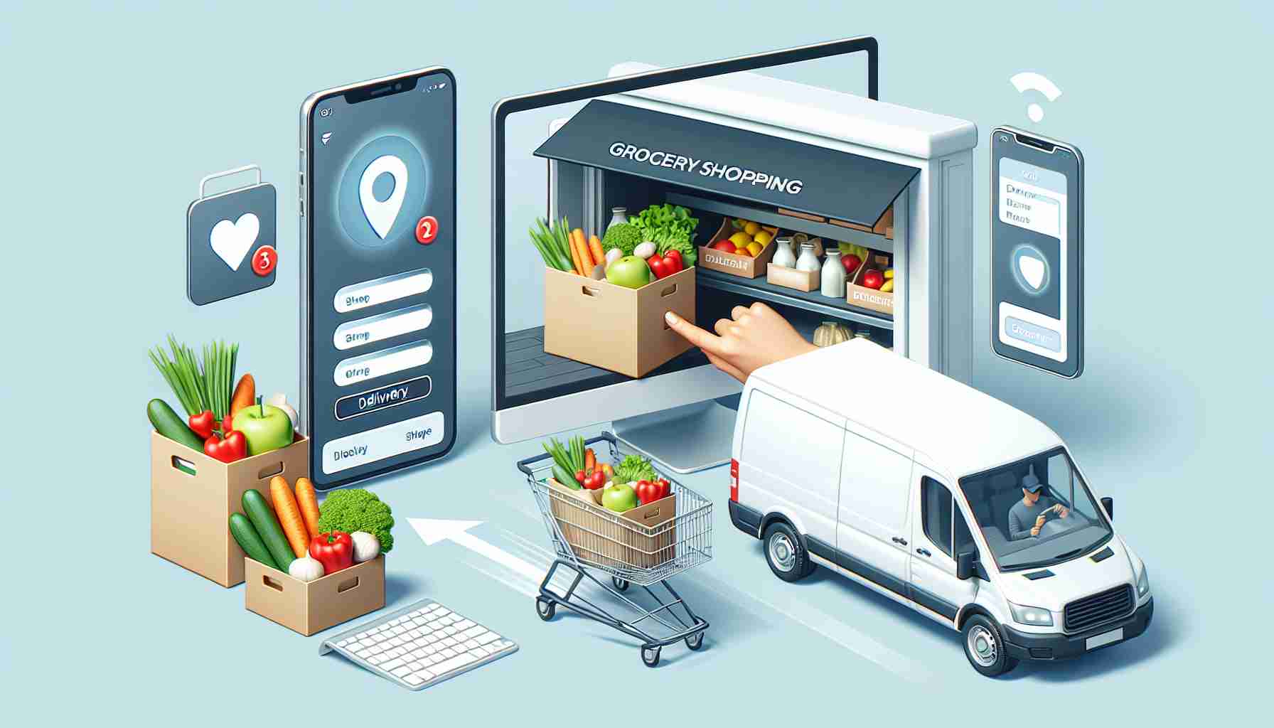 Generate a high-definition, realistic image illustrating the transformation of the grocery shopping experience due to online delivery services. The image should include details such as a smartphone or a computer displaying a grocery shopping app, a delivery van, and groceries in packages arriving at a consumer's doorstep.