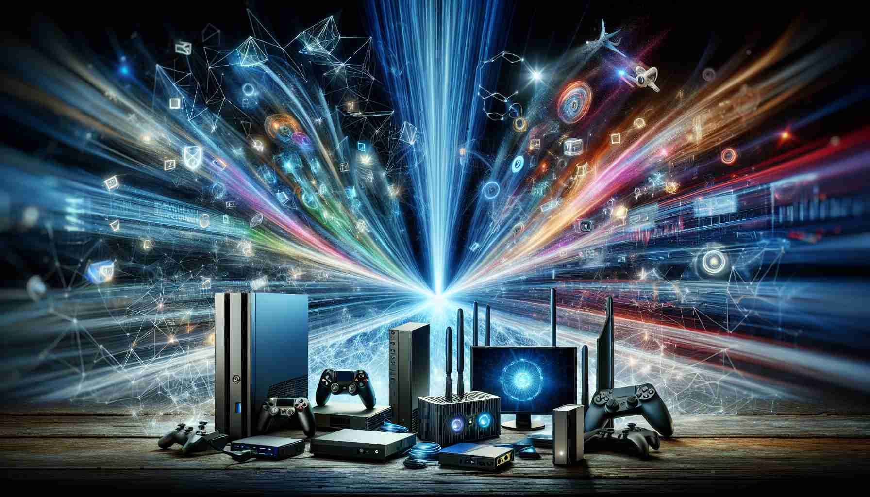 A high-definition, realistic image depiction of the concept of revolutionizing gaming with limitless streaming possibilities. This may include a diverse range of technology such as next-gen gaming consoles, powerful gaming PCs and high-speed internet routers. Incorporate visual metaphors to demonstrate the limitless streaming possibilities. This could be in the form of an unlimited flow of digital data, represented by bright, glowing streams of light or particles pouring into various gaming devices. The backdrop should be futuristic, perhaps with hints of holographic interfaces and cybernetic aesthetics.