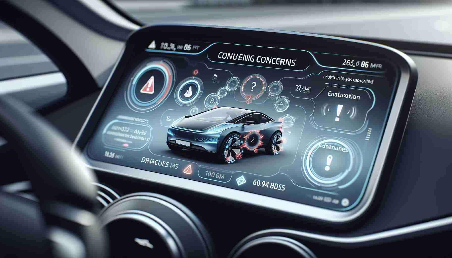 High-resolution, detailed shot of a generic electric car's dashboard showing a digital interface in action. The interface displays complex driving information. Capture the drive's concern with symbolism such as alert symbols or warning indicators. Please focus on the technology rather than a specific brand of software.