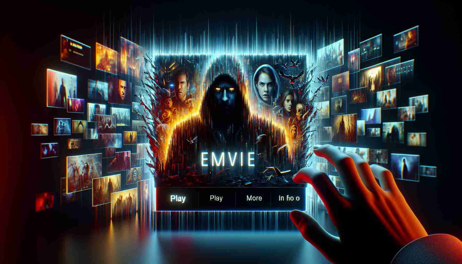 A hyper-realistic imagery of a thrilling addition to a popular streaming service's catalogue. The scene shows an intriguing movie poster full of mystery and suspense, maybe a unique film title glowing brightly on a black background. The movie's genre evokes a feeling of excitement and anticipation. Partly obscured images of what could be the lead characters, a captivating tagline is also visible. The viewing options like 'play', 'more info' buttons are legibly displayed.