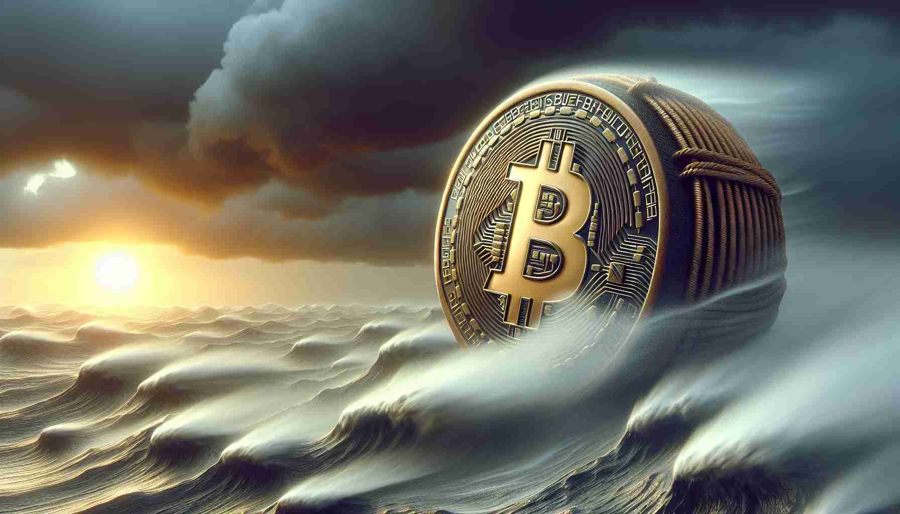 Generate a high-definition, realistic image that symbolically represents the endurance of Bitcoin in the face of regulatory opposition. This can be depicted with a visual metaphor of a Bitcoin coin, perhaps weathering a storm or standing strong against winds symbolic of regulatory pressures. Add details like Bitcoin insignia on the coin, dark clouds representing the opposition, and a strong light in the distance to symbolize hope and resilience.